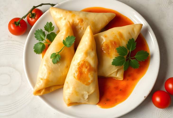 Delicious Samosas with Sauce and Fresh Tomatoes